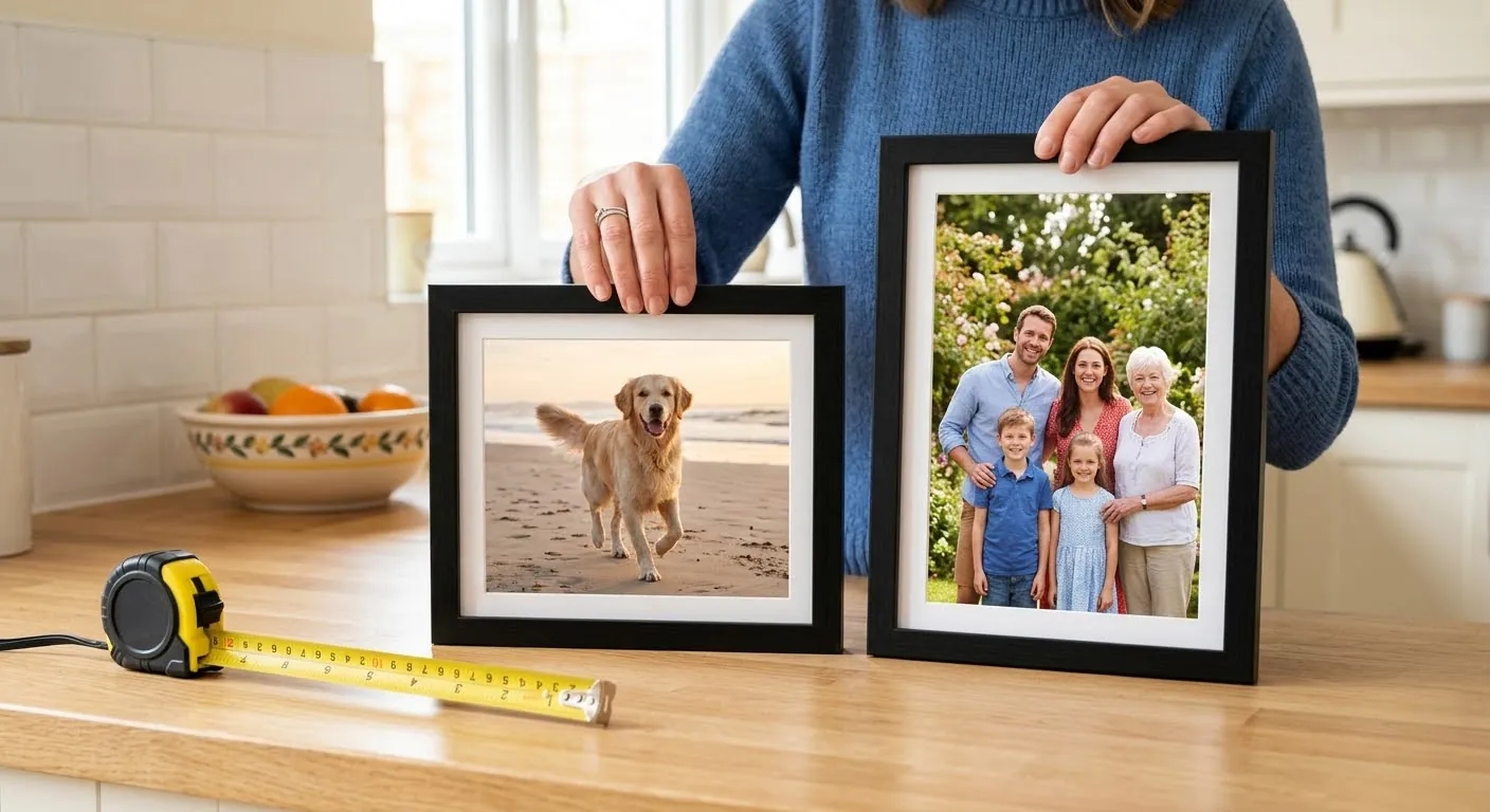 Comparing 10x8 and A4 photo frame sizes
side by side with framed prints on a British kitchen counter