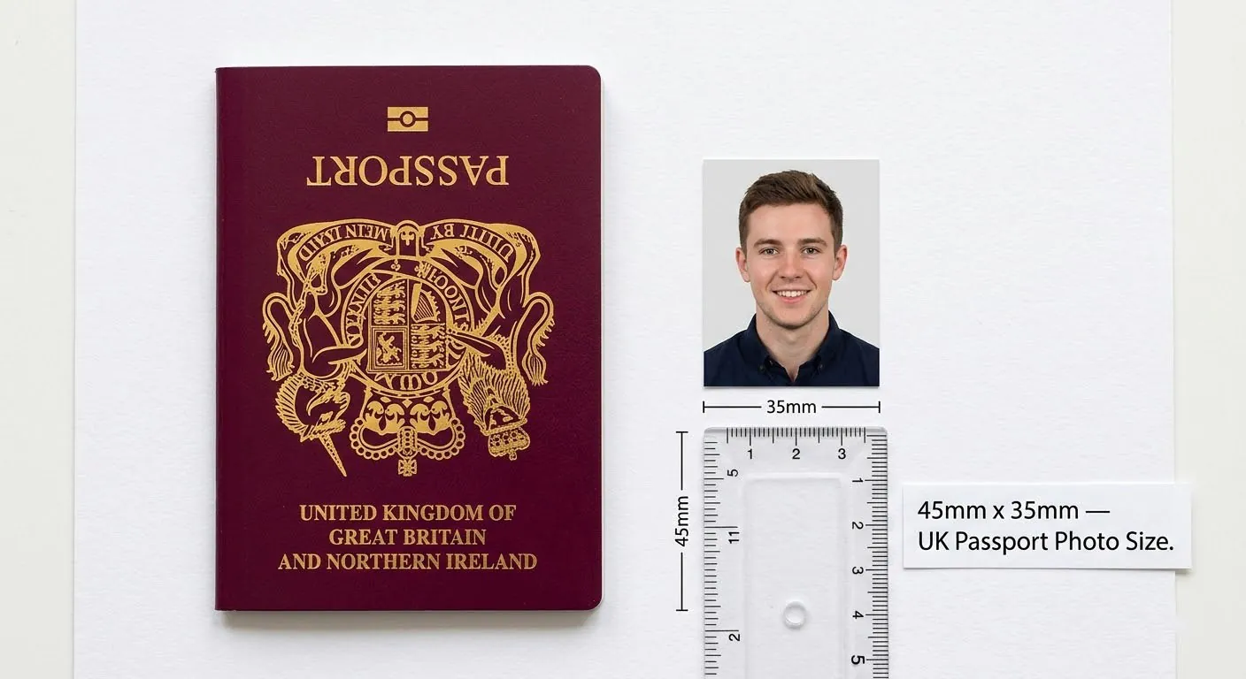 UK passport with correctly sized 45x35mm
passport photo and ruler showing measurements on a white surface