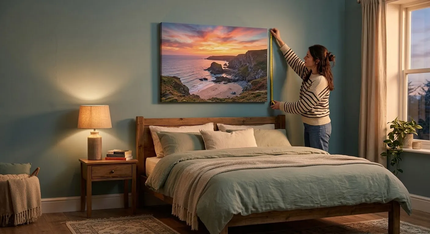 Woman measuring wall space for a 60x40 cm
canvas print above a bed in a cosy British bedroom
