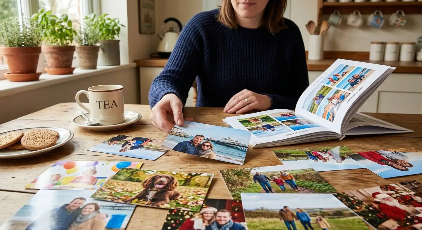 Collection of 6x4 photo prints and an open
photo book on a British kitchen table with tea and biscuits