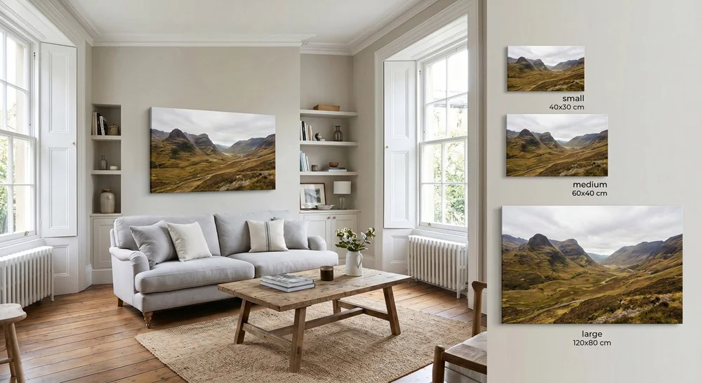 Canvas wall art size guide comparing three popular canvas dimensions in centimetres