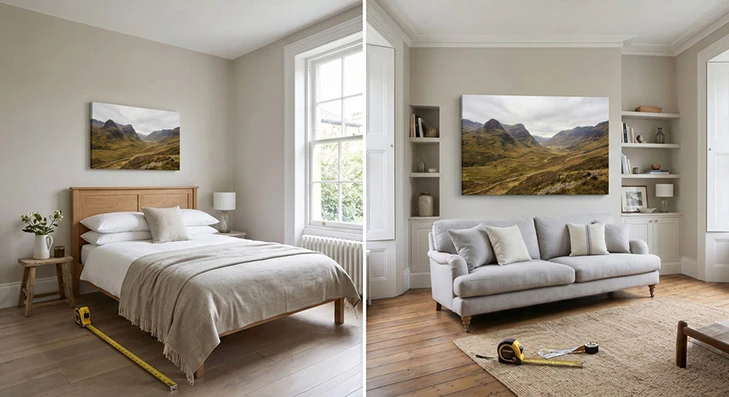 Wall art sizing guide showing canvas size matched to small bedroom versus large living room