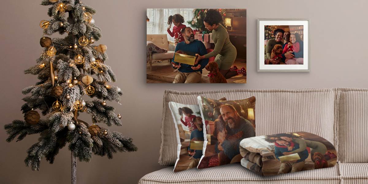 Personalized Christmas gift ideas on a wall and sofa