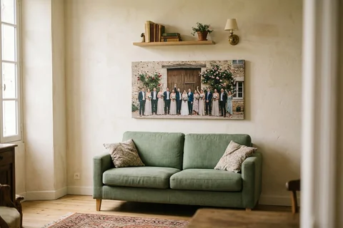 Photo sur toile panoramique 100x50 cm au-dessus d'un canapé deux places, photo de groupe de mariage