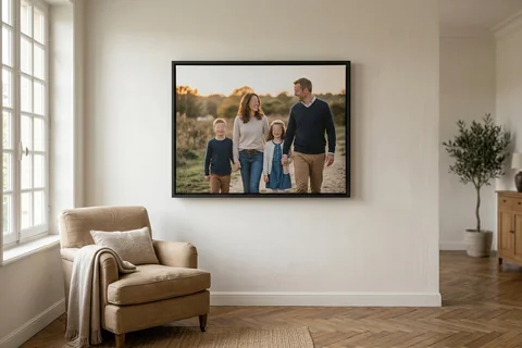 Photo sur toile 100x75 cm avec cadre flottant noir sur un grand mur de salon