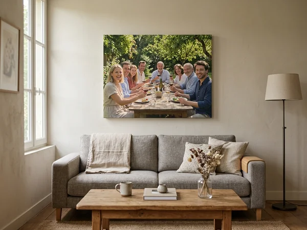 Photo sur toile 100x75 cm au-dessus d'un canapé de 155 cm, photo de famille au jardin