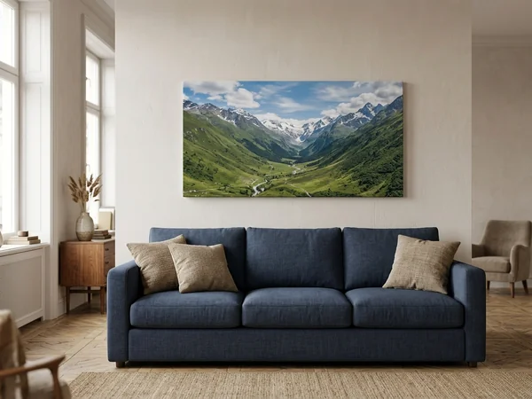 Grande photo sur toile panoramique 120x60 cm au-dessus d'un canapé trois places, paysage de montagne
