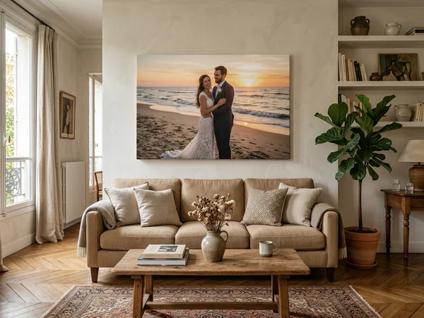 Photo sur toile 120x80 cm au-dessus d'un canapé trois places, portrait de mariage