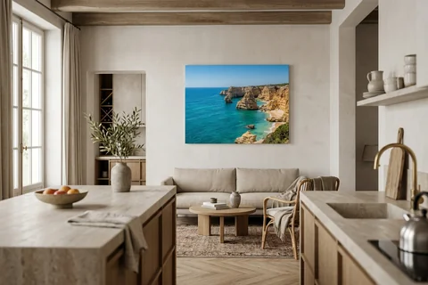 Photo sur toile 120x90 cm sur le mur du fond d'un séjour ouvert