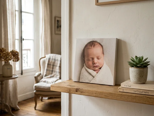 Photo sur toile carrée 20x20 cm posée sur une étagère en chêne, portrait d'un nouveau-né
