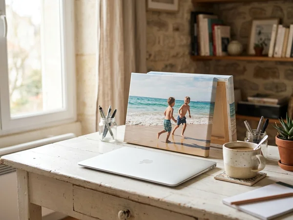 Photo sur toile 30x20 cm posée sur un bureau, photo de plage avec deux enfants