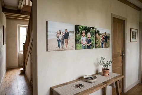 Trois photos sur toile 40x30 cm alignées dans un couloir