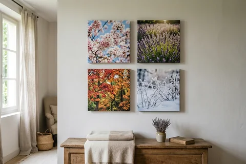 Composition de quatre photos sur toile 40x40 cm en grille sur un mur de chambre