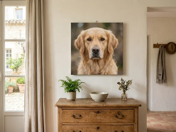 Photo sur toile carrée 40x40 cm au-dessus d'une commode, portrait de chien