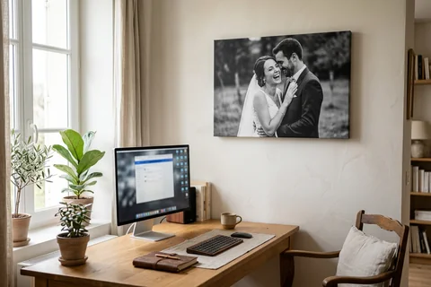 Photo sur toile 75x50 cm au-dessus d'un bureau, photo de mariage en noir et blanc