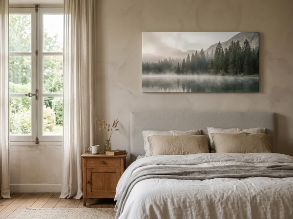 Photo sur toile panoramique 80x40 cm au-dessus d'un lit de 130 cm, lac dans la brume