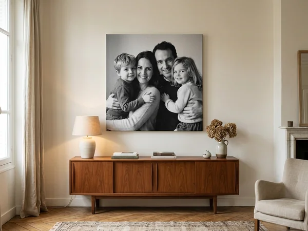 Grande photo sur toile carrée 80x80 cm au-dessus d'un buffet, portrait de famille