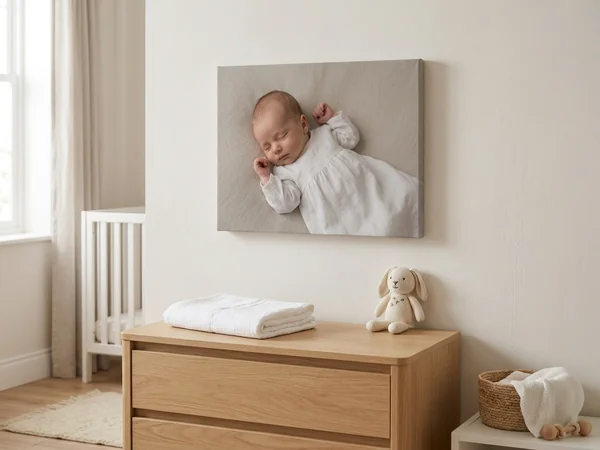Christening canvas print of a baby with name and date on a nursery wall