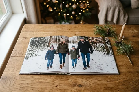 Christmas photo book open at a layflat spread