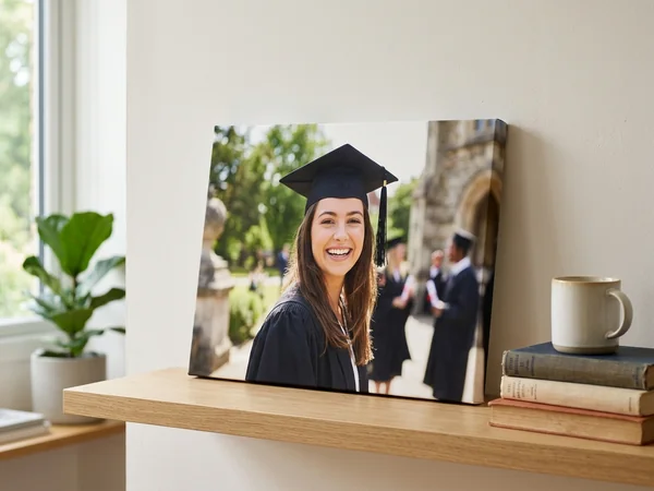 Graduation canvas print of a graduate in cap and gown with name, degree and year