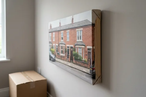 Close-up of the frame depth on a housewarming canvas print