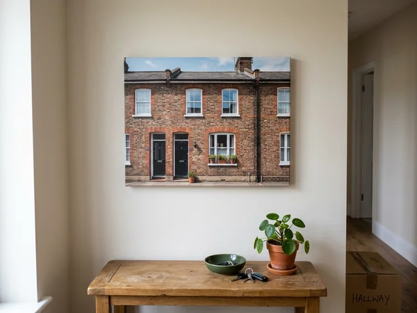 Housewarming canvas print of a front door on a bare new-house wall
