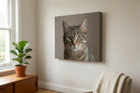 Square-format pet portrait canvas print of a head-and-shoulders photograph