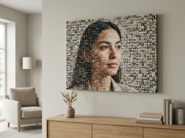 Photo mosaic canvas of a portrait built from hundreds of small photographs