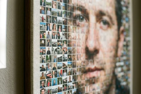 Close-up of the individual photo tiles on a photo mosaic canvas