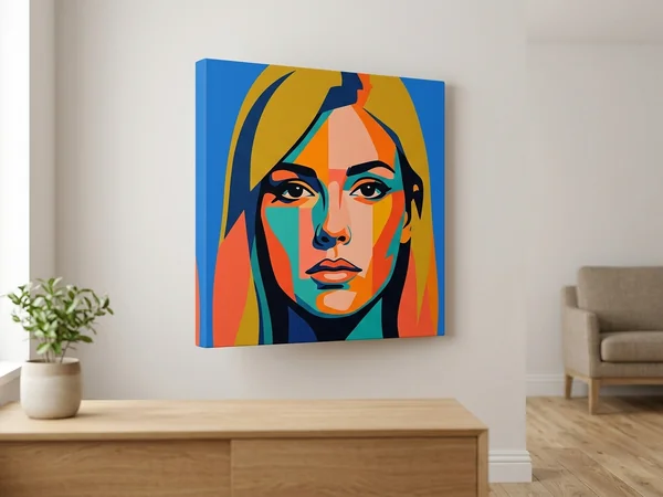 Pop art canvas of a close-cropped portrait in flat blocks of colour