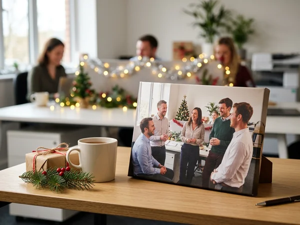 Small Secret Santa canvas print wrapped as an office gift