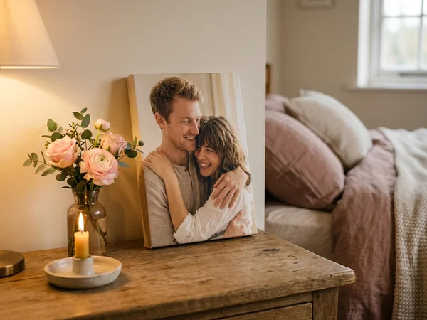 Valentines canvas print of a couple on a bedroom wall