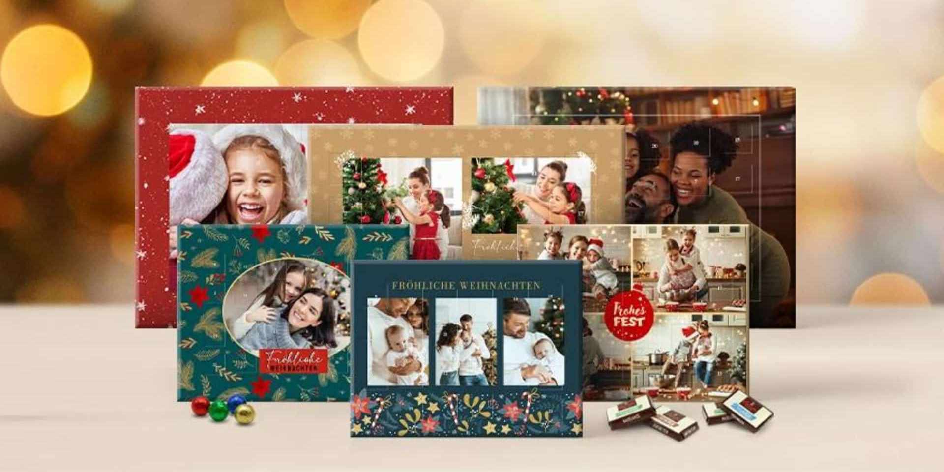 Foto-Adventskalender in verschiedenen Weihnachtsdesigns mit Familienfotos